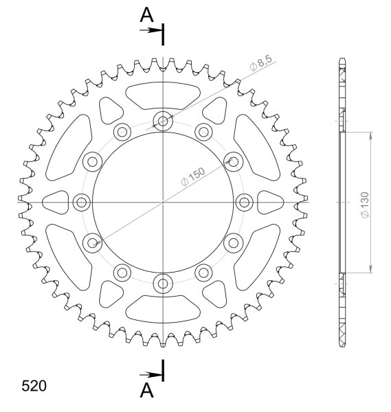 Supersprox Alu-Kettenrad 520 - 51Z (gold) RAL-245/2:51-GLD|ID 130,0 LK 150,0 6-Loch/6-Loch