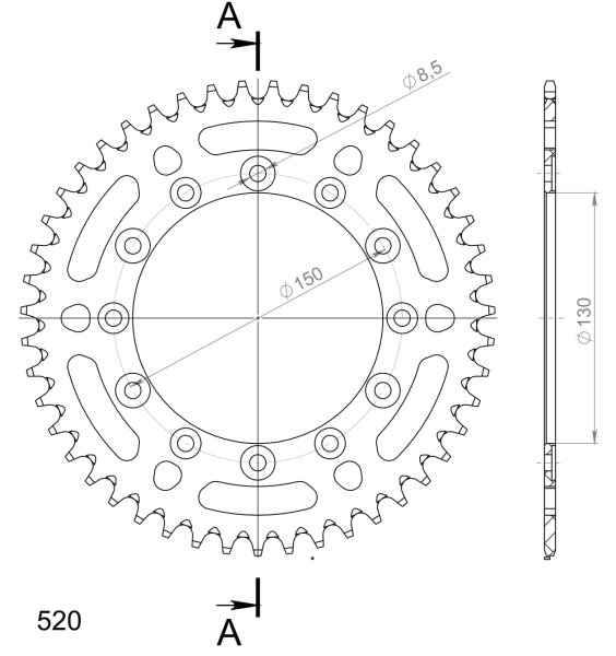 Supersprox Alu-Kettenrad 520 - 47Z (blau) RAL-245/2:47-BLU|ID 130,0 LK 150,0 6-Loch/6-Loch