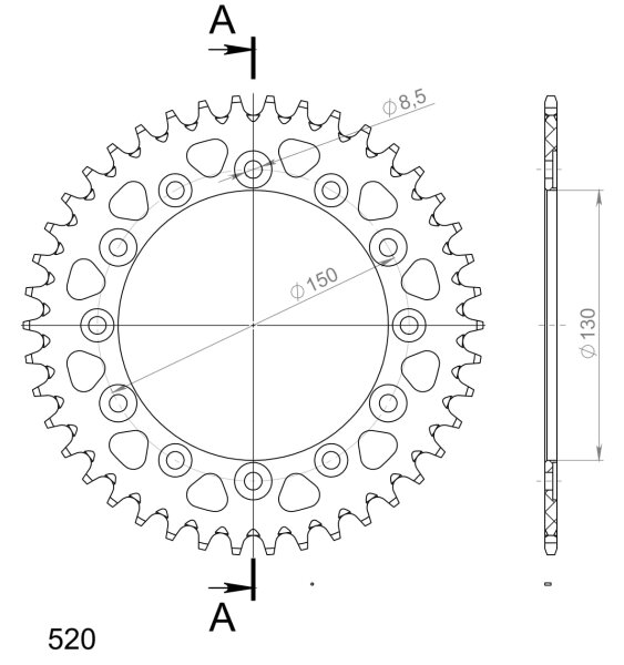 Supersprox Alu-Kettenrad 520 - 42Z (rot) RAL-245/2:42-RED|ID 130,0 LK 150,0 6-Loch/6-Loch