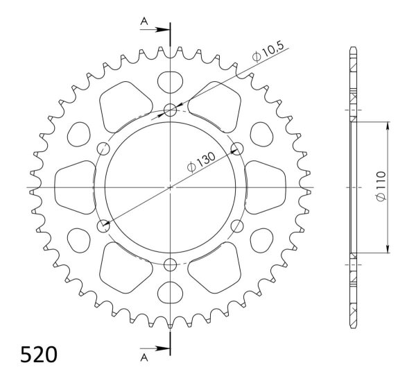 Supersprox Alu-Kettenrad 520 - 43Z (rot) RAL-486:43-RED|ID 110,0 LK 130,0 6-Loch