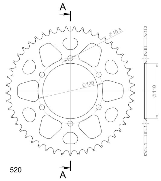 Supersprox Alu-Kettenrad 520 - 49Z (rot) RAL-486:49-RED|ID 110,0 LK 130,0 6-Loch