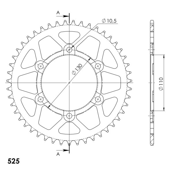 Supersprox Alu-Kettenrad 525 - 47Z (blau) RAL-480:47-BLU|ID 110,0 LK 130,0 6-Loch