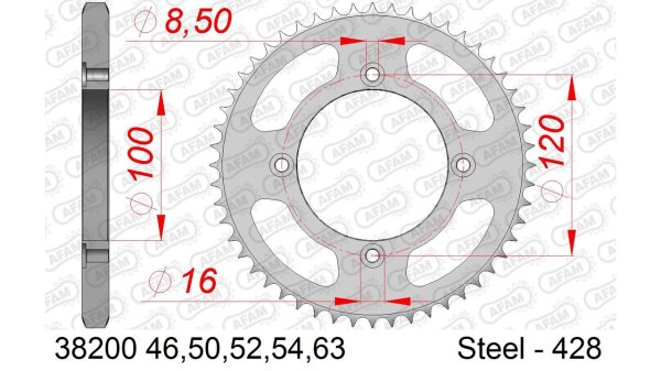 DC AFAM Stahl-Kettenrad 428 - 54Z (Silber) 38200-54| ID 100 LK 120 4-Loch