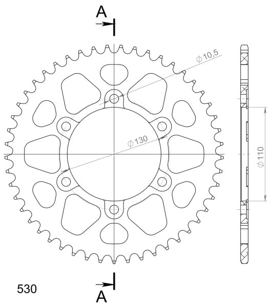 Supersprox Alu-Kettenrad 530 - 49Z (rot) RAL-479:49-RED|ID 110,0 LK 130,0 6-Loch