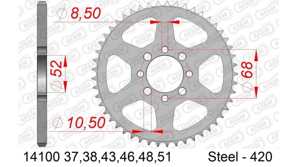 DC AFAM Stahl-Kettenrad 420 - 43Z (Silber) 14100-43| ID 52 LK 68 4-Loch