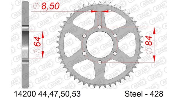 DC AFAM Stahl-Kettenrad 428 - 53Z (Silber) 14200-53| ID 64 LK 84 6-Loch