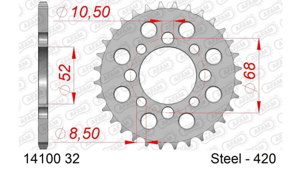 DC AFAM Stahl-Kettenrad 420 - 32Z (Silber) 14100-32| ID 52 LK 68 4-Loch