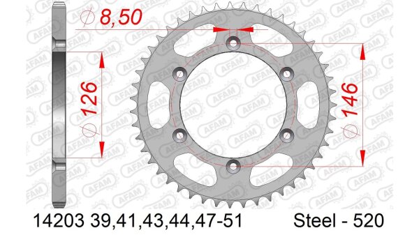 DC AFAM Stahl-Kettenrad 520 - 51Z (Silber) 14203-51| ID 126 LK 146 6-Loch