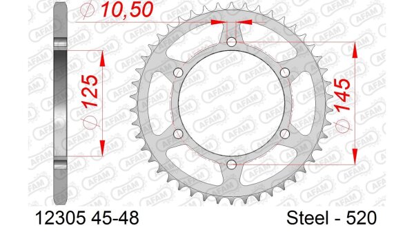 DC AFAM Stahl-Kettenrad 520 - 45Z (Silber) 12305-45| ID 125 LK 145 6-Loch