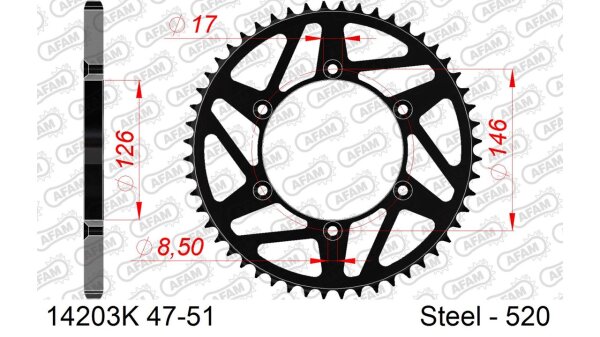 DC AFAM MX Stahl-Kettenrad 520 - 50Z (Schwarz) 14203K-50| ID 126 LK 146 6-Loch