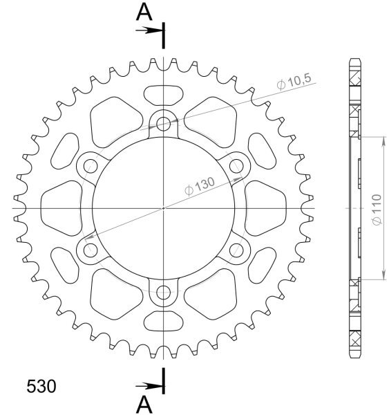 Supersprox Alu-Kettenrad 530 - 44Z (blau) RAL-479:44-BLU|ID 110,0 LK 130,0 6-Loch