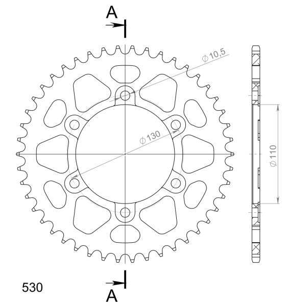 Supersprox Alu-Kettenrad 530 - 46Z (rot) RAL-479:46-RED|ID 110,0 LK 130,0 6-Loch