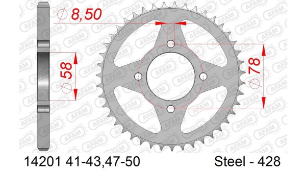 DC AFAM Stahl-Kettenrad 428 - 43Z (Silber) 14201-43| ID 58 LK 78 4-Loch