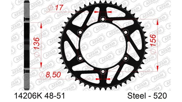 DC AFAM MX Stahl-Kettenrad 520 - 49Z (Schwarz) 14206K-49| ID 136 LK 156 6-Loch