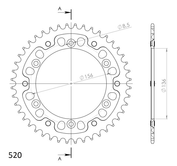 Supersprox Stealth-Kettenrad 520 - 44Z (rot) RST-1512:44-RED|ID 136,0 LK 156,0 6-Loch