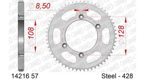 DC AFAM Stahl-Kettenrad 428 - 57Z (Silber) 14216-57| ID 108 LK 128 4-Loch