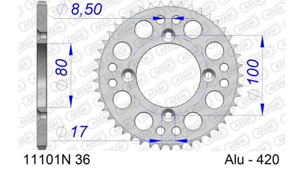 DC AFAM Alu-Kettenrad 420 - 36Z (Silber) 11101N-36 | ID 80 LK 100 4-Loch