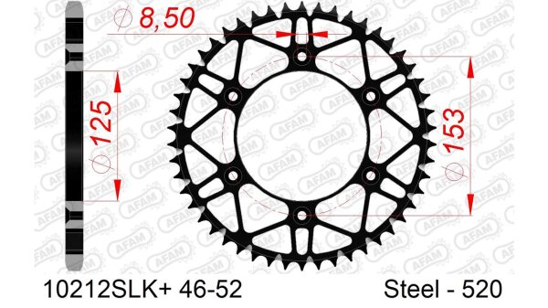 DC AFAM SLK Stahl-Kettenrad 520 - 52Z (Schwarz) 10212SLK+52| ID 125 LK 153 6-Loch m. Schmutzkerben