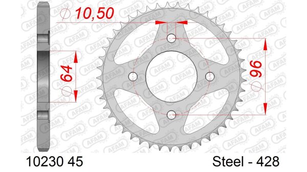 DC AFAM Stahl-Kettenrad 428 - 45Z (Silber) 10230-45| ID 64 LK 96 4-Loch