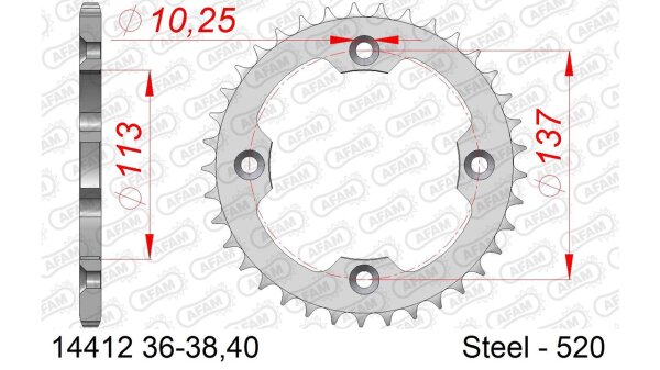 DC AFAM Stahl-Kettenrad 520 - 40Z (Silber) 14412-40| ID 113 LK 137 4-Loch