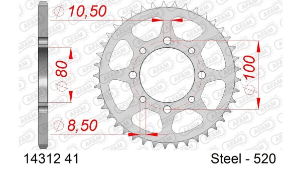 DC AFAM Stahl-Kettenrad 520 - 41Z (Silber) 14312-41| ID 80 LK 100 4-Loch