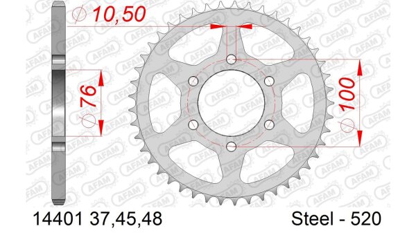 DC AFAM Stahl-Kettenrad 520 - 37Z (Silber) 14401-37| ID 76 LK 100 6-Loch