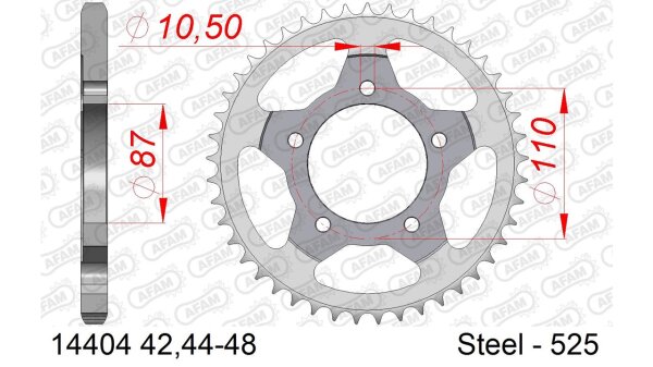 DC AFAM Stahl-Kettenrad 525 - 44Z (Silber) 14404-44| ID 87 LK 110 5-Loch