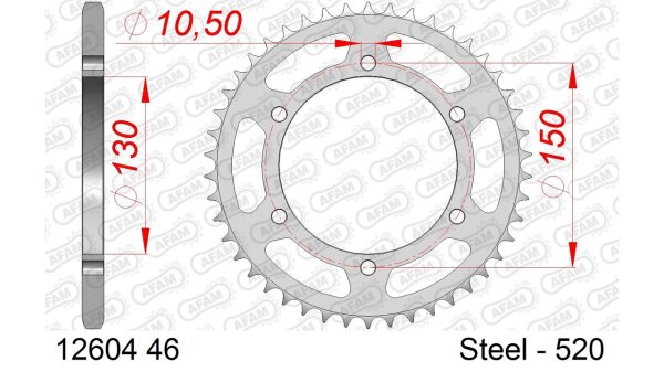DC AFAM Stahl-Kettenrad 520 - 46Z (Silber) 12604-46| ID 130 LK 150 6-Loch