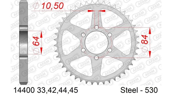 DC AFAM Stahl-Kettenrad 530 - 44Z (Silber) 14400-44| ID 64 LK 84 6-Loch