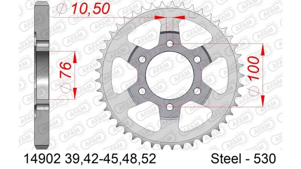 DC AFAM Stahl-Kettenrad 530 - 52Z (Silber) 14902-52| ID 76 LK 100 6-Loch