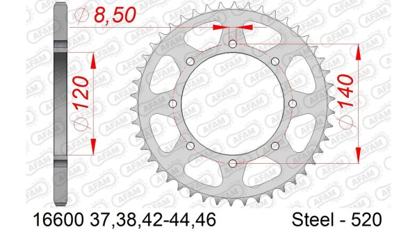 DC AFAM Stahl-Kettenrad 525 - 44Z (Schwarz) 164600-44| ID 119 LK 140 5-Loch