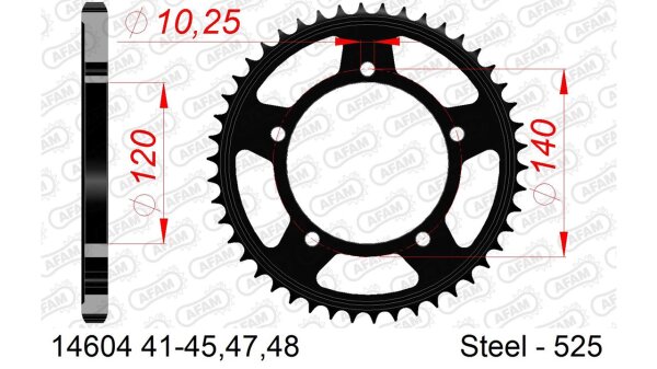 DC AFAM Stahl-Kettenrad 525 - 47Z (Schwarz) 14604-47| ID 120 LK 140 5-Loch