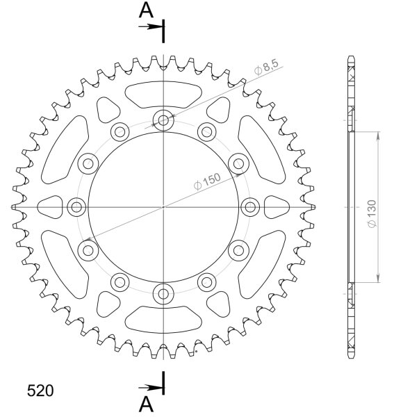 Supersprox Alu-Kettenrad 520 - 50Z (gold) RAL-245/2:50-GLD|ID 130,0 LK 150,0 6-Loch/6-Loch