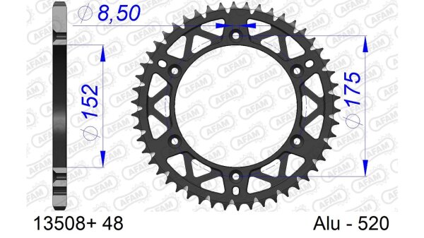 DC AFAM Alu-Kettenrad 520 - 48Z (Gun Metal) 13508+48 | ID 152 LK 175 6-Loch mit Schlammnut