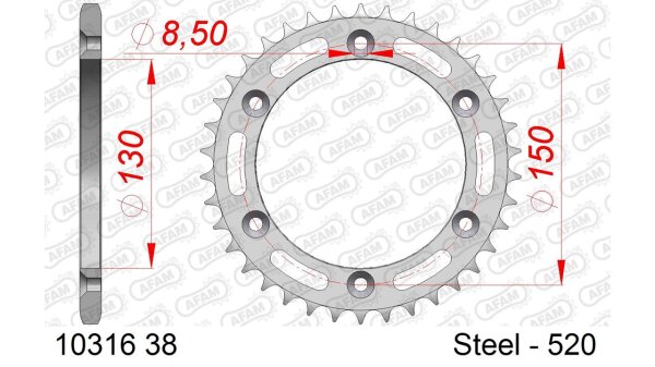 DC AFAM Stahl-Kettenrad 520 - 38Z (Silber) 10316-38| ID 130 LK 150 6-Loch