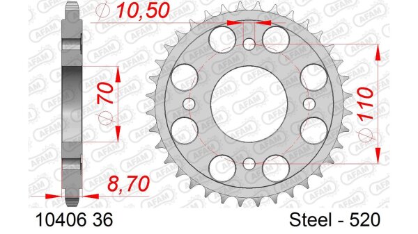 DC AFAM Stahl-Kettenrad 520 - 36Z (Silber) 10406-36| ID 70 LK 110 4-Loch