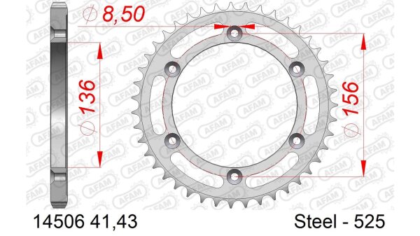 DC AFAM Stahl-Kettenrad 525 - 41Z (Silber) 14506-41| ID 136 LK 156 6-Loch