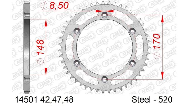 DC AFAM Stahl-Kettenrad 520 - 48Z (Silber) 14501-48| ID 148 LK 170 6-Loch