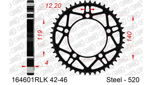 DC AFAM Racing Stahl-Kettenrad 520 - 42Z (Schwarz) 164601RLK-42| ID 119 LK 140 5-Loch