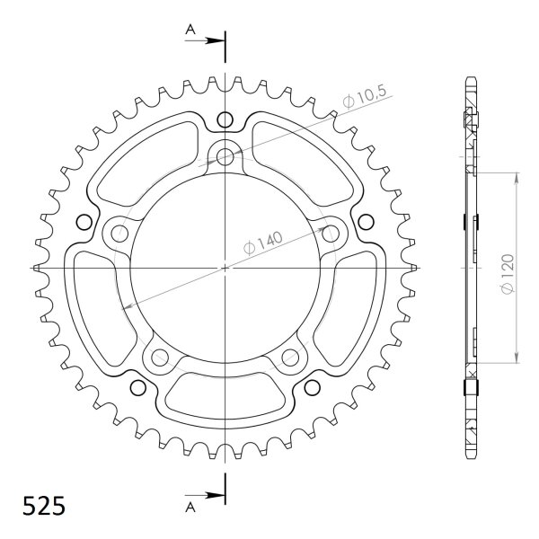 Supersprox Stealth-Kettenrad 525 - 45Z (silber) RST-1792:45-SLV|ID 120,0 LK 140,0 5-Loch