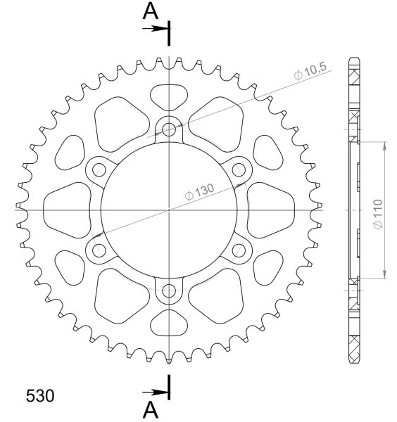 Supersprox Alu-Kettenrad 530 - 47Z (rot) RAL-479:47-RED|ID 110,0 LK 130,0 6-Loch