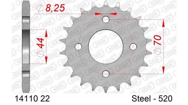 DC AFAM Stahl-Kettenrad 520 - 22Z (Silber) 14110-22| ID 44 LK 70 4-Loch