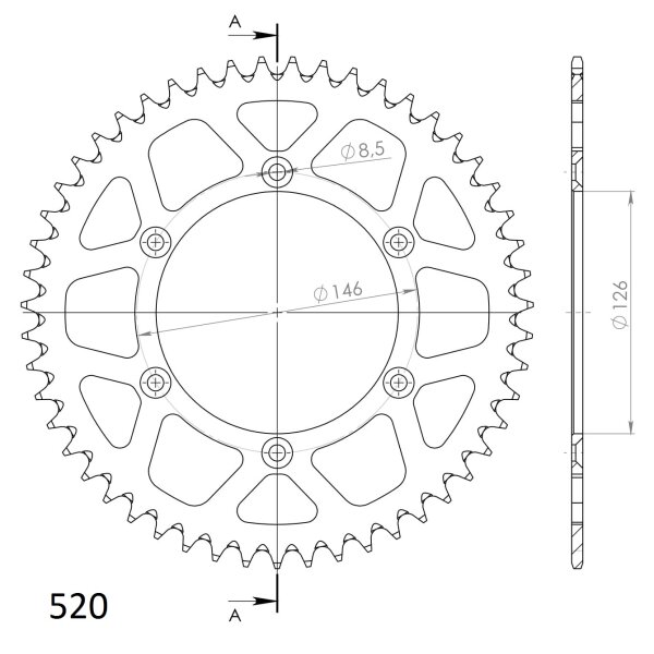 Supersprox Alu-Kettenrad 520 - 51Z (blau) RAL-808:51-BLU|ID 126,0 LK 146,0 6-Loch