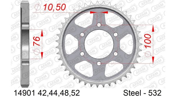 DC AFAM Stahl-Kettenrad 532 - 44Z (Silber) 14901-44| ID 76 LK 100 6-Loch