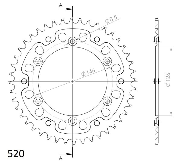 Supersprox Stealth-Kettenrad 520 - 44Z (rot) RST-808:44-RED|ID 126,0 LK 146,0 6-Loch