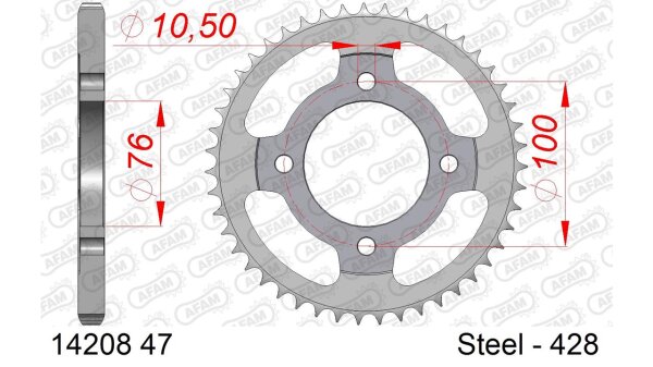 DC AFAM Stahl-Kettenrad 428 - 47Z (Silber) 14208-47| ID 76 LK 100 4-Loch