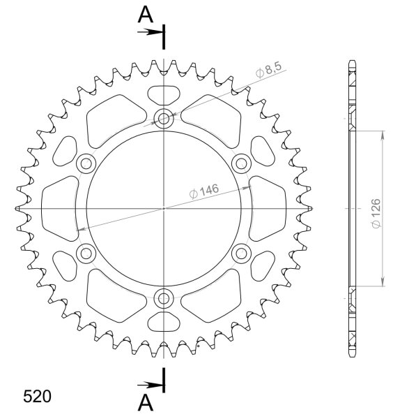 Supersprox Alu-Kettenrad 520 - 46Z (silber) RAL-808:46-SLV|ID 126,0 LK 146,0 6-Loch