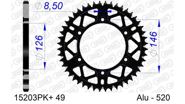 DC AFAM Alu-Kettenrad 520 - 49Z (Schwarz) 15203PK+49 | ID 126 LK 146 6-Loch mit Schlammnut