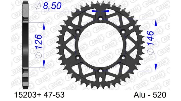 DC AFAM Alu-Kettenrad 520 - 49Z (Gun Metal) 15203+49 | ID 126 LK 146 6-Loch mit Schlammnut