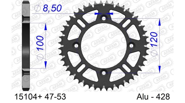 DC AFAM Alu-Kettenrad 428 - 53Z (Gun Metal) 15104+53 | ID 100 LK 120 4-Loch mit Schlammnut